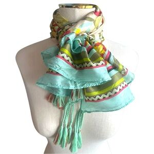 Johnny Was Aqua Multicolor Patterned Silk Scarf with Tassels